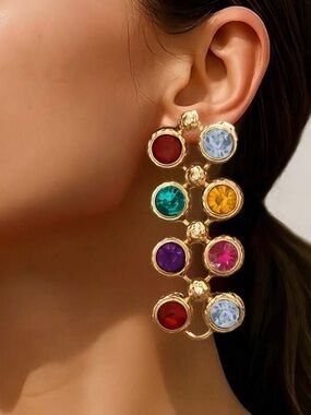 ✨ Colorful Gold-Tone Crystal Statement Drop Earrings | Multicolor Rhinestone